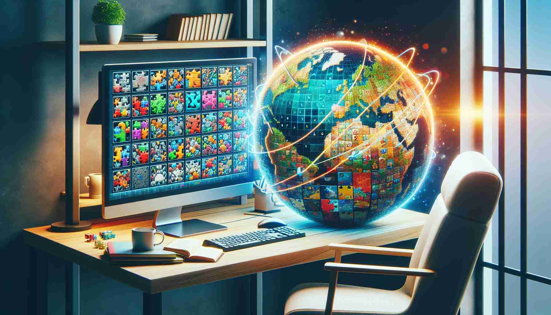 Generate a realistic and high-definition image capturing the concept of exploring the world of online puzzles. The scene could include a modern computer displaying a variety of colorful, intriguing puzzles on its screen, perhaps with a globe beside it to symbolize the 'world'. Surroundings could include a well-lit room, perhaps a study or home office, with a comfortable chair and desk. Include some tea or coffee and snack as if prepared for a long session of solving puzzles.