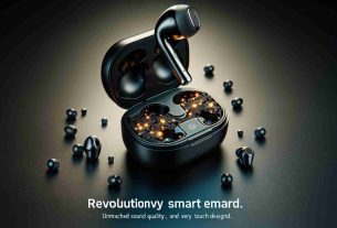 Generate an image of revolutionary smart earbuds. They have unmatched sound quality and are very sophisticatedly designed. The earbuds are sleek and modern, with intuitive touch controls. They come with a compact, pocket-friendly charging case that complements the earbuds. The picture should showcase the earbuds in all their high-definition glory, highlighting the features that make them stand out as revolutionarily smart.