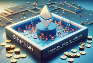 A high-definition photorealistic image depicting the concept of Ethena Labs seeking to expand the collateral pool for USDe Stablecoin. It features symbol of Ethena Labs, a pool overflowing with USDe Stablecoins and a vast open area symbolizing expansion.