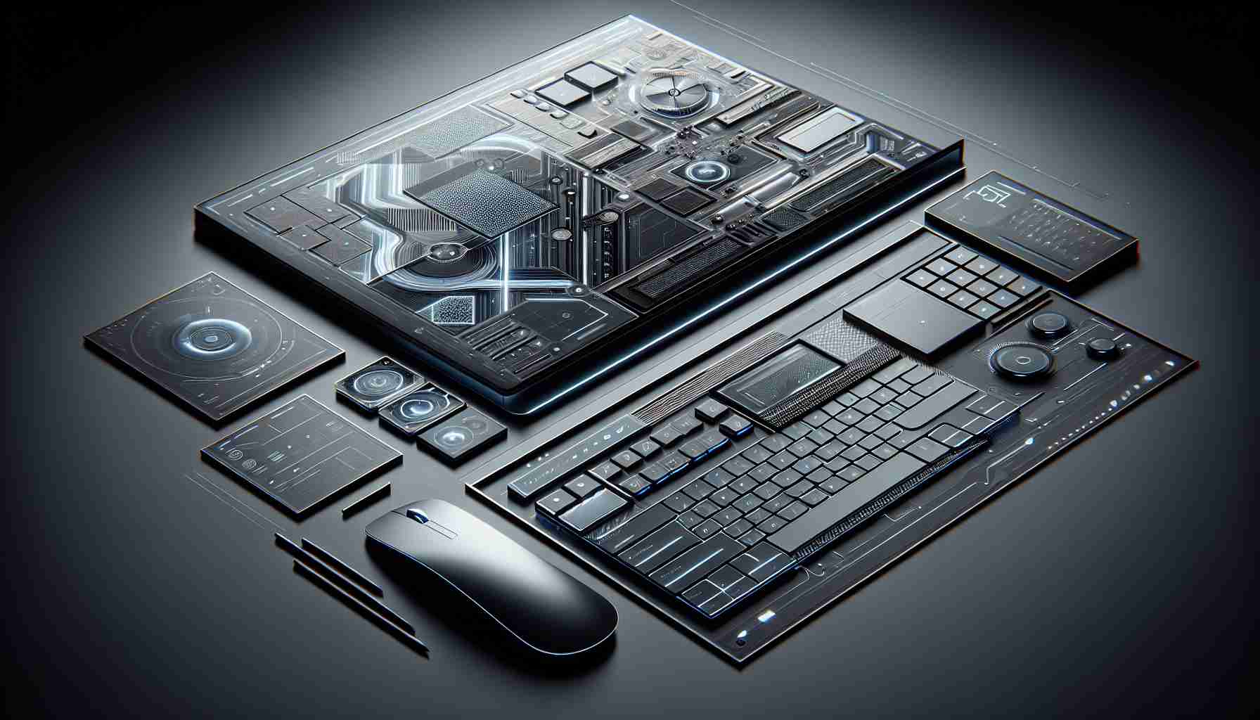 High-definition, realistic image of a concept design symbolizing the future of powerful computers, with a sleek, modern design. The layout consists of an ultra-thin screen, tactile keyboard with modern backlighting, and a touch-enabled mouse. The overall aesthetics could be inspired by the contemporary edge-to-edge glass screens and metal bodies that are common in high-end tech design. Please exclude any direct brand or company identifiers.