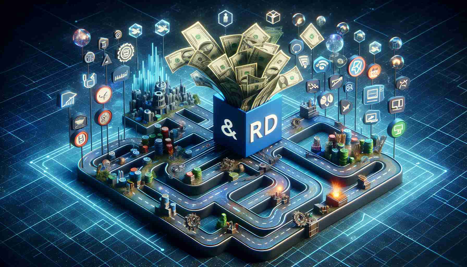 High-definition, realistic depiction of the concept of a well-known streaming service expanding their business model to explore new avenues of income. Please incorporate visual elements such as streams of cash flowing into a box labeled 'R&D', a metaphorical pathway branching out into various directions, and symbols indicating non-streaming sectors such as gaming, merchandising, and content creation. Please, do not directly refer to the specific streaming service, but keep the design universal.