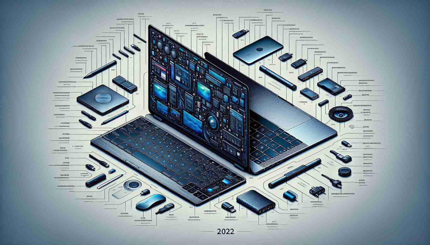 A highly detailed and realistic illustration featuring two distinct laptop models side by side, each representing different specifications for 2022. The laptop on the left is sleek, thin, and has a larger display whereas the one on the right has a smaller screen but offers more ports. Features such as the keyboard layout, trackpad, speakers, and logos are vividly presented. Some notable differences in design, features, and specifications are clearly highlighted for the viewer to easily spot and compare. Special emphasis is put on the advancements and changes made in 2022.