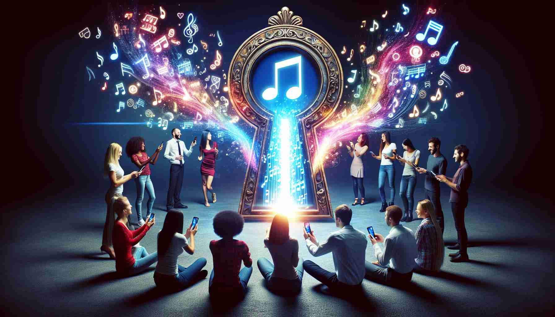 A high-definition, realistic representation of the concept: 'Unlock the Power of Shared Playlists with Your Friends'. The image shows a group of diverse friends, with a mix of gender and ethnicity such as Caucasian female, Black male, Asian female, and Hispanic male, gathered around a glowing, large, antique keyhole in the shape of a musical note. The keyhole is displaying a vibrant array of musical notes and symbols flowing out from it and into the friends' smartphones which are in their hands, symbolizing the sharing of playlists. The atmosphere is filled with joy and unity.