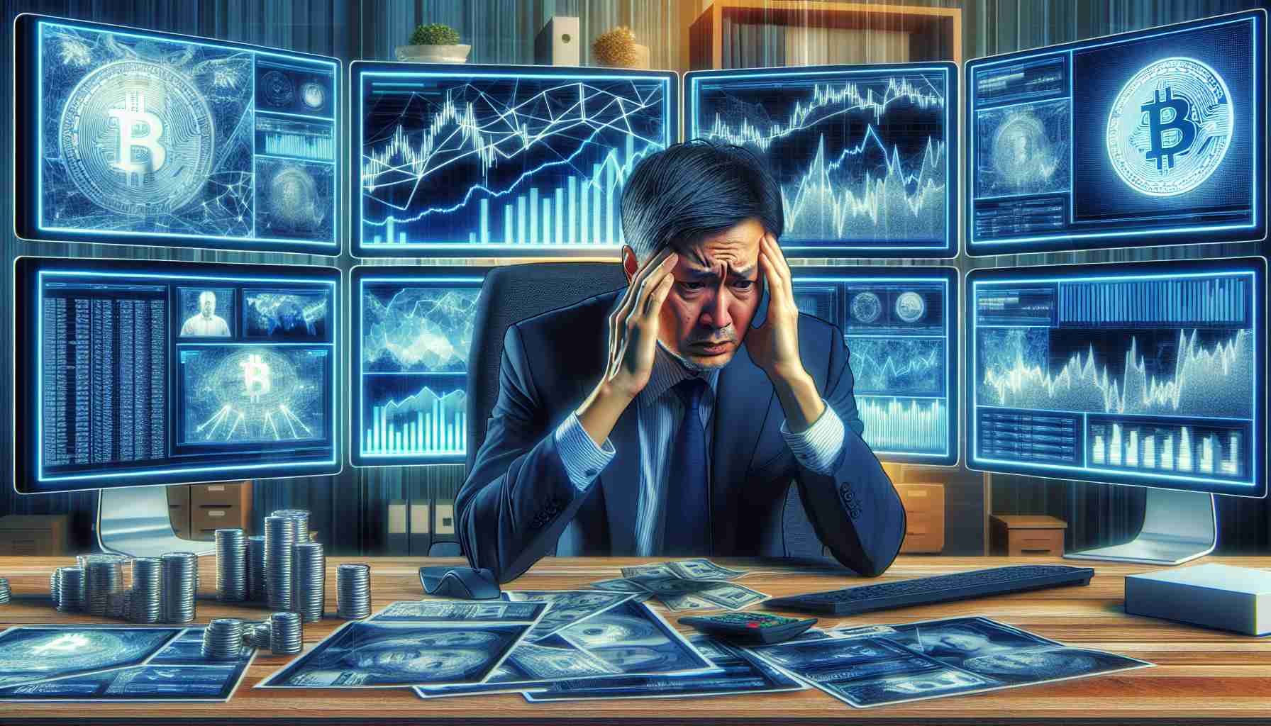 A high-definition image depicting the controversy surrounding cryptocurrency as experienced by an Asian business tycoon. The scene shows a detailed office environment with multiple monitors displaying various graphs and statistics related to digital currency. Amidst this digital chaos, a middle-aged Asian man is shown visibly upset and in deep thought.