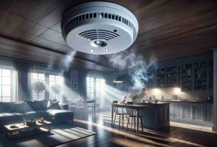 A detailed, high-definition representation of the importance of early smoke detection. The scene should ideally capture a home environment with a smoke detector centrally positioned, preferably on the ceiling. Perhaps include light smoke wafting from an unattended stove, making the smoke detector's light blink in alert. It's daytime, and natural light can be seen pouring in from a nearby window. The walls and furniture should be modern and tastefully decorated. Show a paused moment of everyday life, underlining the silent vigilance of the smoke detector.