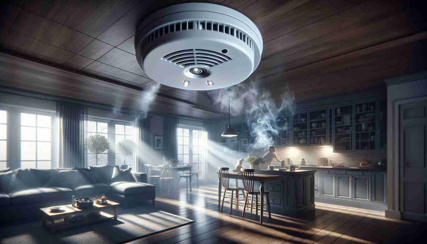 A detailed, high-definition representation of the importance of early smoke detection. The scene should ideally capture a home environment with a smoke detector centrally positioned, preferably on the ceiling. Perhaps include light smoke wafting from an unattended stove, making the smoke detector's light blink in alert. It's daytime, and natural light can be seen pouring in from a nearby window. The walls and furniture should be modern and tastefully decorated. Show a paused moment of everyday life, underlining the silent vigilance of the smoke detector.