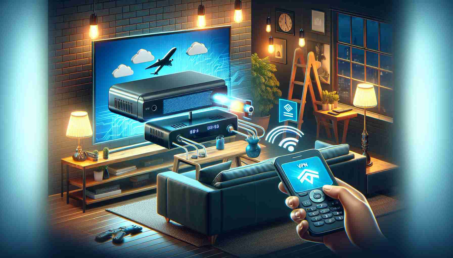 Create a high-definition realistic image that depicts the process of enhancing a television streaming device experience with a VPN. Show a television playing high-quality content, a typical streaming device affixed to the TV, and an interface of a VPN being activated on another screen. Surround them with a comfortable living room setting.