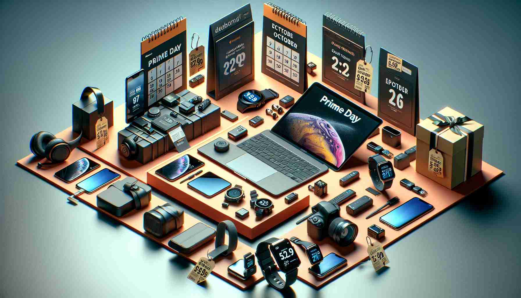 High definition, realistic image showcasing a variety of new, state-of-the-art technology products on sale. Arrange the items on a catchy layout that emulates a prime day event in October. The devices should include things like laptops, smartphones, headphones, and smartwatches, with visible discount tags attached to them. The scene should also include a calendar or something symbolizing October in the background.