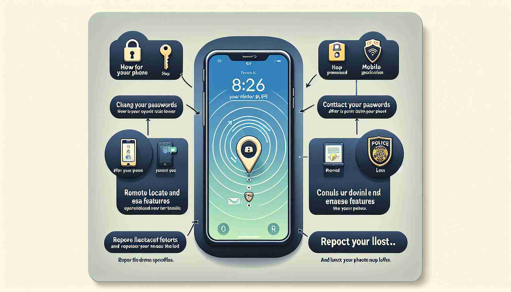 An educational infographic in a realistic high definition style illustrating how to protect your digital content after losing your phone. Include different steps such as changing your passwords, contacting your service provider, utilizing remote locate and erase features, and reporting the loss to the police. The background should be neutral, and the mobile device should be depicted as generic and without any brand specifications.