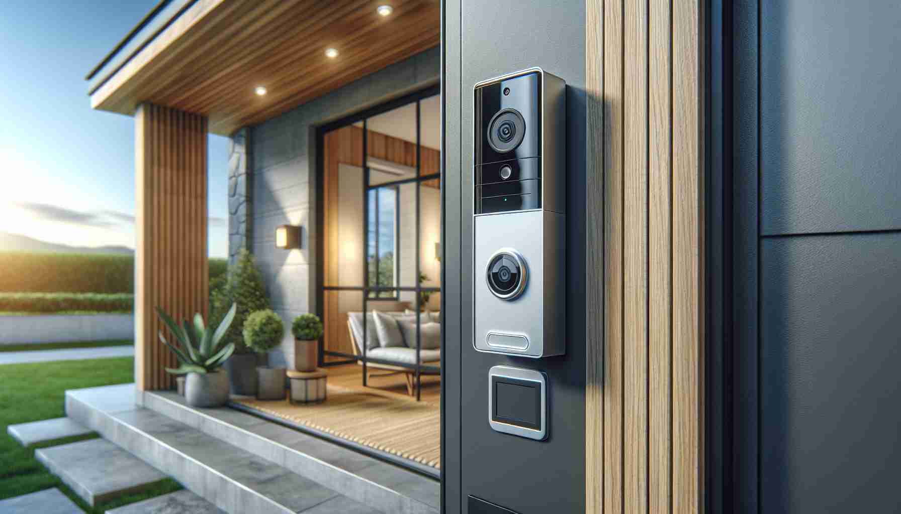 A high-definition, realistic image showcasing the implementation of the latest doorbell technologies to enhance the security of a home. The image should depict a modern doorbell with an integrated security camera and motion sensor. The camera is sleek and compact, blending seamlessly with the design of the doorbell. A touch panel is present on the doorbell for controls. The entrance exemplifies a secure, contemporary home equipped with cutting-edge technology.