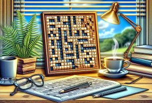 A hyper-detailed, high definition illustration displaying a mini crossword puzzle filled with intriguing and challenging words. Visible alongside is a captivating background consisting of a neatly laid out desk, a reading lamp, a steaming cup of coffee and a hint of a pleasant outdoor scenery through a window.