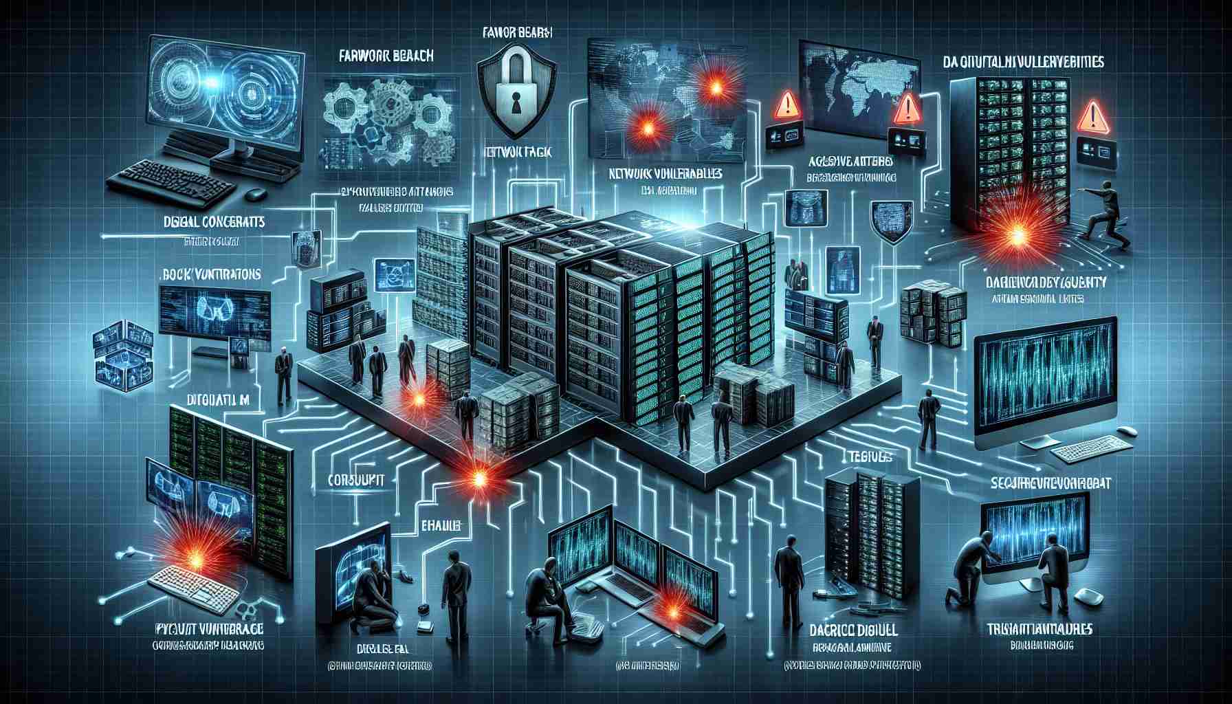 An image illustrating the concept of a cyber attack on a large digital archive. Picture symbols of firewall breaches, network vulnerabilities, and aggressive digital attempts breaking through the defenses. Also, visualize expressions of security concerns like alert flags, warning signs, and tense individuals trying to mitigate the issue. Lastly, show the physical hardware that makes up the archive being impacted, with streams of corrupt data visualized. Create a high-definition visual with a realistic style.