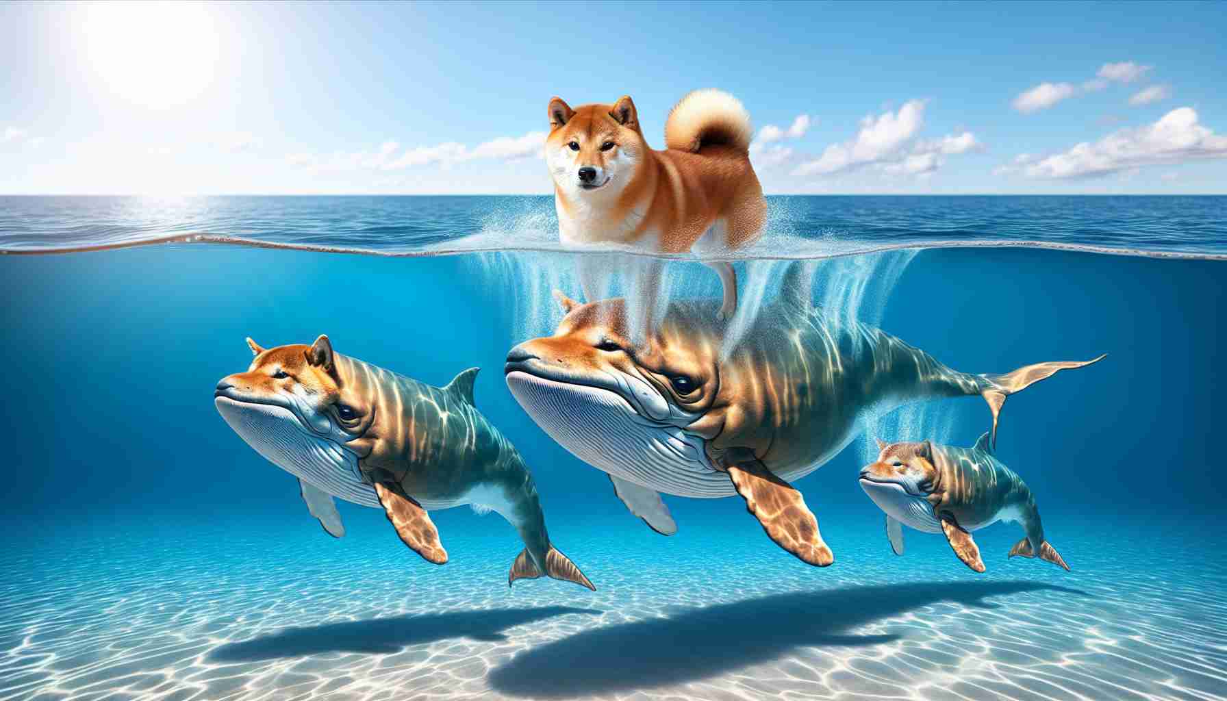 Realistic high-definition image showcasing an unusual phenomenon where Shiba Inu dogs are transitioning into whale-like creatures and swimming away into the clear ocean, causing an anticipative projection of a ripples effect within the surrounding water.