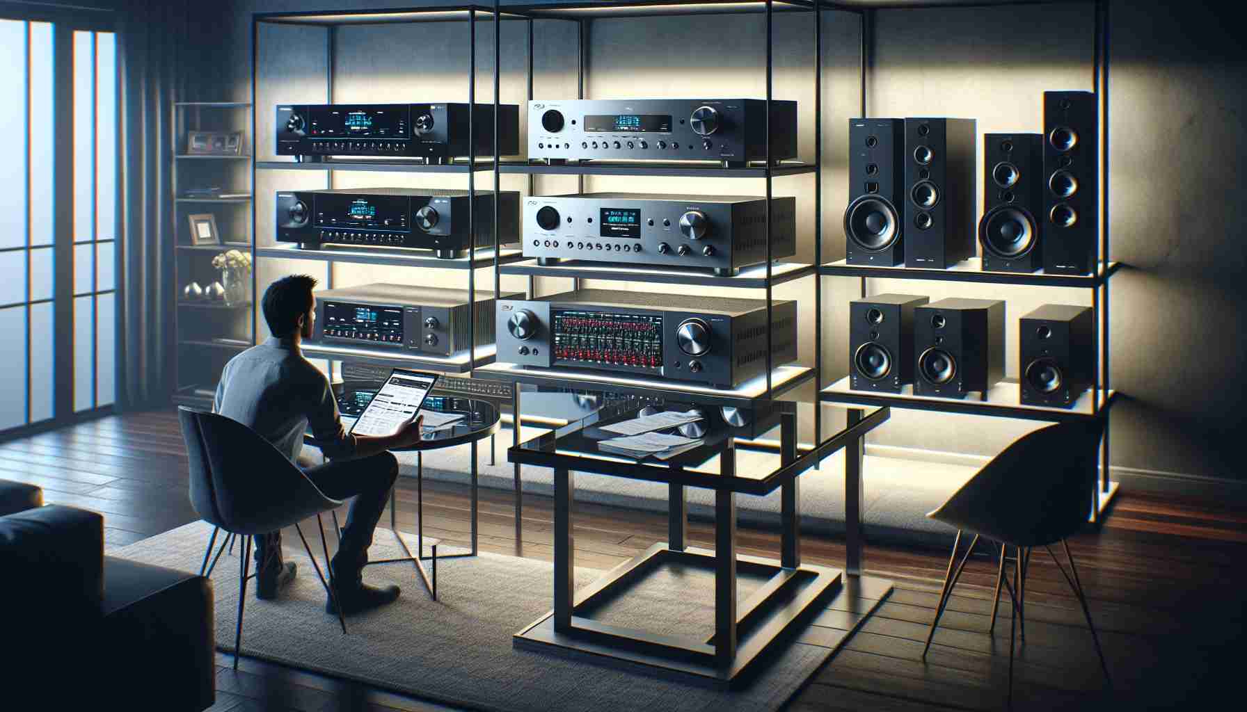 Generate a high-definition, realistic image of a contemporary home entertainment setup, showcasing the selection process for an audio-visual receiver. The scene can include an array of sleek, advanced AV receivers displayed on a well-lit shelf. Some devices are already unboxed, revealing their back panels filled with numerous input and output ports. On a nearby glass table, a prospective buyer scrutinizes product specifications and reviews on a tablet. The environment exudes a sense of high-tech luxury, perfect for movie nights and music sessions.