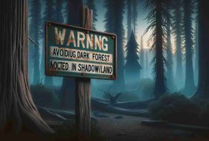 Create a realistic high-definition photo that depicts a warning sign cautioning about avoiding a mysterious dark forest located in a whimsical place known as Shadowland. The scene is set during the twilight hours, adding a layer of unsettling ambiance to the environment. The tall, ancient trees of the forest loom in the background, their dark silhouettes stark against the rapidly darkening sky. The warning sign, old and weathered, conveys its message with faded letters.