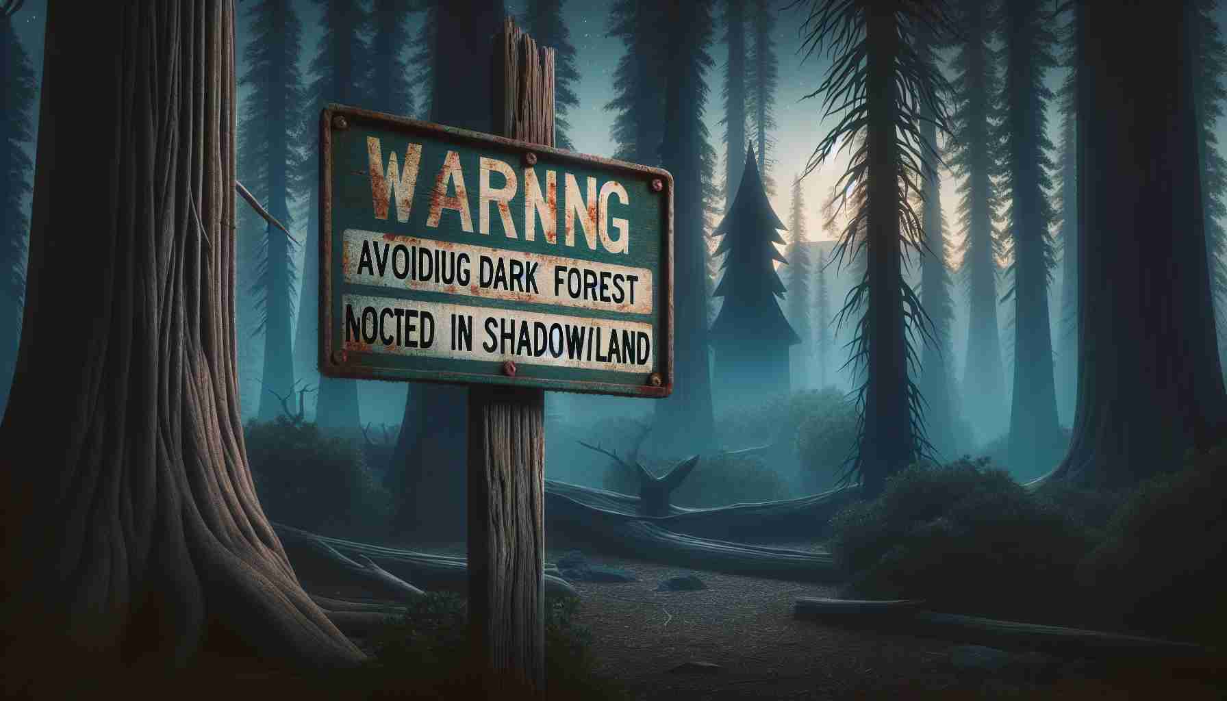 Create a realistic high-definition photo that depicts a warning sign cautioning about avoiding a mysterious dark forest located in a whimsical place known as Shadowland. The scene is set during the twilight hours, adding a layer of unsettling ambiance to the environment. The tall, ancient trees of the forest loom in the background, their dark silhouettes stark against the rapidly darkening sky. The warning sign, old and weathered, conveys its message with faded letters.