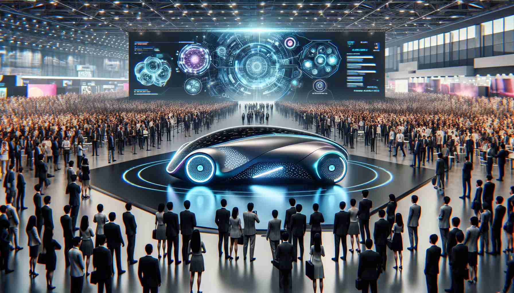 A high-definition, realistic portrayal of a futuristic smart vehicle reveal at an innovative technology event. Picture a modern convention hall filled with attendees of various descents - Black, Asian, Caucasian, Hispanic, Middle-Eastern, and others. In the spotlight is an avant-garde, sleekly designed smart vehicle. It hovers, hinting at advanced propulsion technology. Crowds gather, marveled by the intricate LED light patterns on the vehicle's shell, reflecting the advanced AI and sensor arrays implemented. The backdrop features gigantic digital displays showcasing state-of-the-art technological breakthroughs.