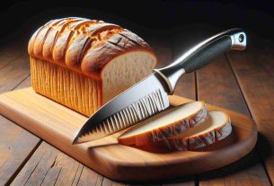 Create a high-definition, realistic image representing the concept of revolutionising the experience of slicing bread. This could include a novel, advanced and ergonomic bread knife placed next to a loaf of freshly baked bread on a wooden cutting board. The knife should have a shining, sharp blade and a comfortable handle for easy grip. The loaf of bread could infer freshly baked, with a golden crunchy crust and soft inside visible from the slices already made. Perhaps, there could also be a stop motion effect showing the process of slicing with the new knife, further enhancing the feeling of a revolutionized experience.