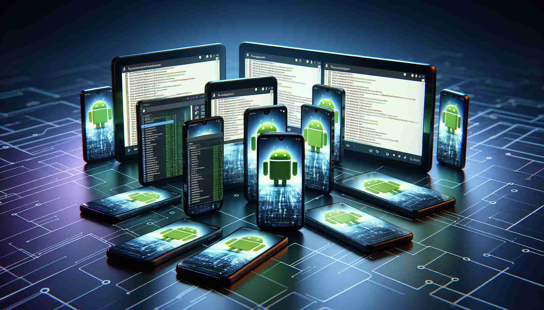 A high-definition, realistic depiction of Android devices showcasing expanded Linux capabilities. The scene portrays an array of Android smartphones and tablets, each running different Linux-based applications. Focused on the screens of the devices, the image should be able to convey the seamless integration and improved performance of Linux environments within these Android devices.