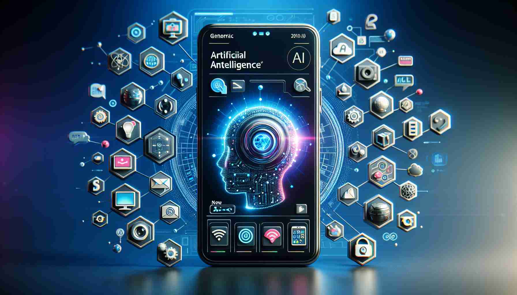 Generate a realistic, high definition image illustrating new Artificial Intelligence features for generic brand advanced devices. The image should depict a modern electronic device like a smartphone showing off new 'AI' icons and application interfaces. Please also include some visualized AI functions which may involve smart home control, augmented reality, or voice recognition among others.