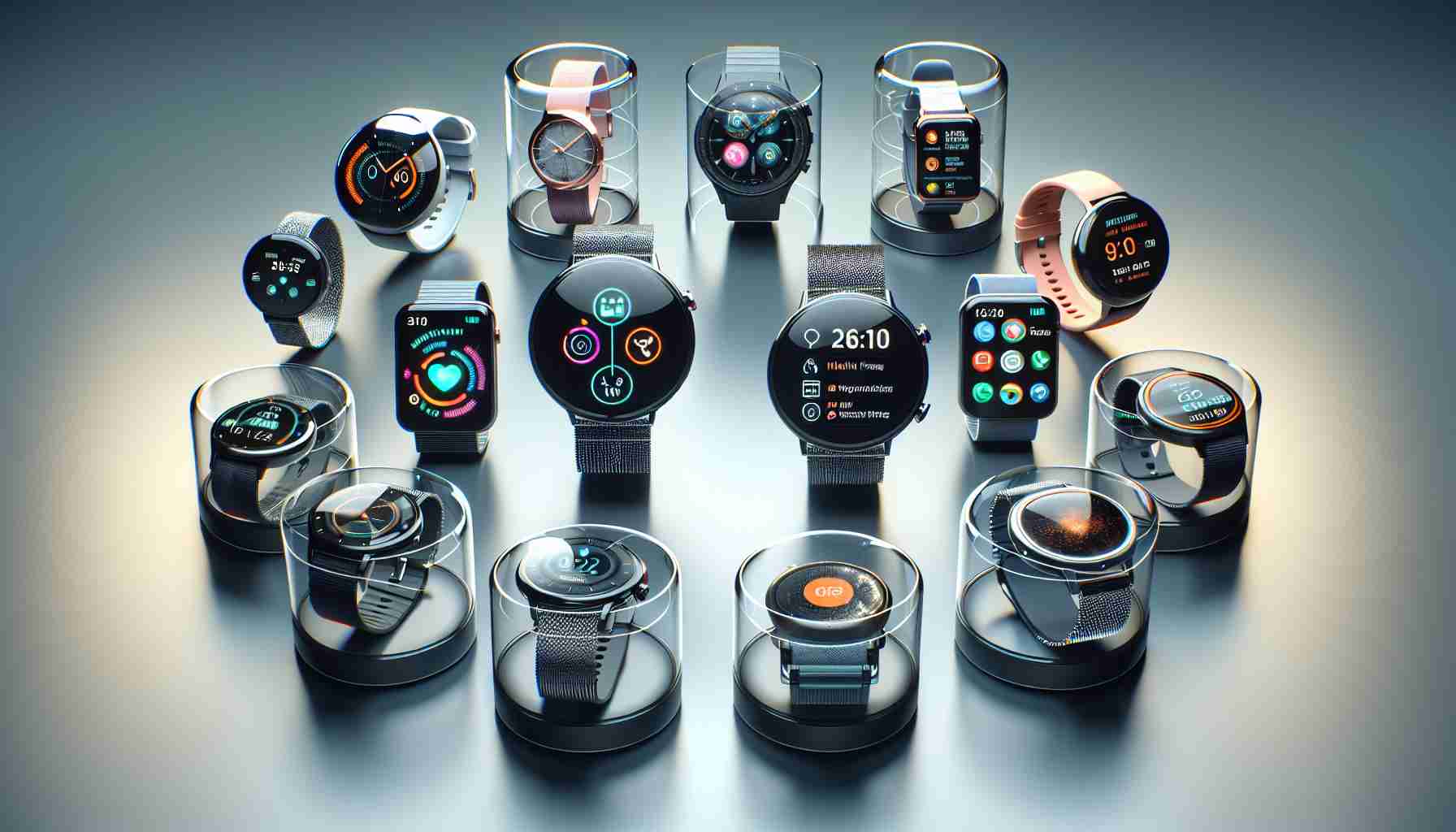 Generate a high-definition realistic photo that represents the concept of new generation smartwatches. It should capture the innovations and advancements in wearable technology, highlighting features such as health fitness tracking, phone message notifications, GPS capabilities, and high-definition screens. The image could possibly illustrate a collection of these next-generation smartwatches displayed on a table, representing various designs, sizes, and functionalities.