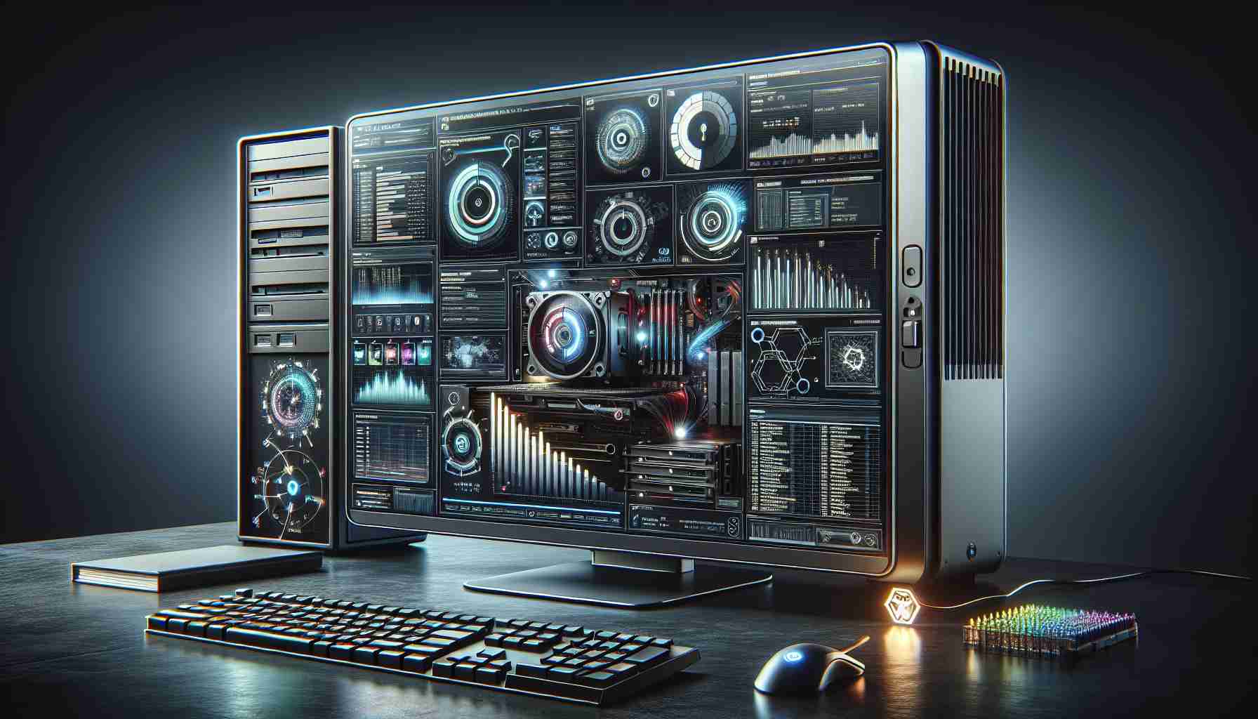 A realistic, high-definition image of a modern, professional-grade desktop computer working at full capacity. The display screen shows several open applications requiring high computing power, efficiently managed by the system. The setup is characterized by a sleek external casing, a high-resolution monitor, and a collection of high-performance accessories including a keyboard and a mouse. Various graphs and charts are displayed on the screen, representing the processing power and enhanced performance of the machine. Symbols or metaphors relating to unlocking and capacity expansion, such as a glowing key and stretching meter, are artistically integrated into the image.