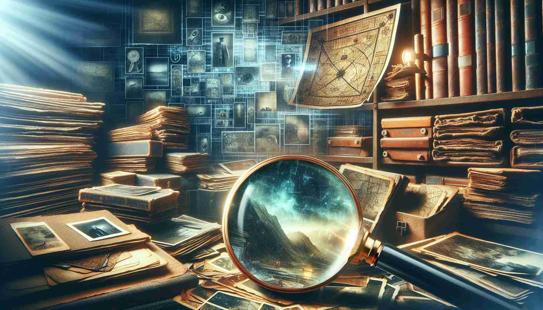 An incredibly detailed and realistic HD image portraying the sense of mystery and exploration found in unseen photographs. This could include various elements such as a magnifying glass zooming in on an old, dusty photograph, an intricate map laden with symbols and ancient texts, or a dimly lit room filled with stacks of untouched photo albums. The color palette is moody and atmospheric, capturing the thrilling search into the unseen and mystique.