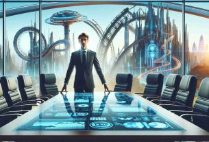 An image of a potential future CEO in the setting of a large entertainment corporation's boardroom. This person, whose identity isn't known yet, is envisioned as someone with an air of confidence and leadership. They are dressed in a formal business attire, standing next to a table filled with futuristic technologies. Behind them is a glass window overlooking a theme park filled with imaginative attractions, symbolizing the creative spirit of the company they are leading.