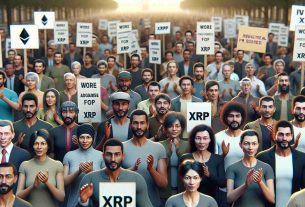 Visualize a realistic scene in high-definition where a group of people is rallying. They are different in ethnic backgrounds having a healthy mix of Caucasian, Hispanic, Black, Middle-Eastern, and South Asian descent. Both genders, men and women, are equally represented, showing a united front. Their banners and placards display messages in defense of XRP, earnestly advocating against regulatory pressures. The atmosphere is fervent yet peaceful, echoing their passion for digital assets.