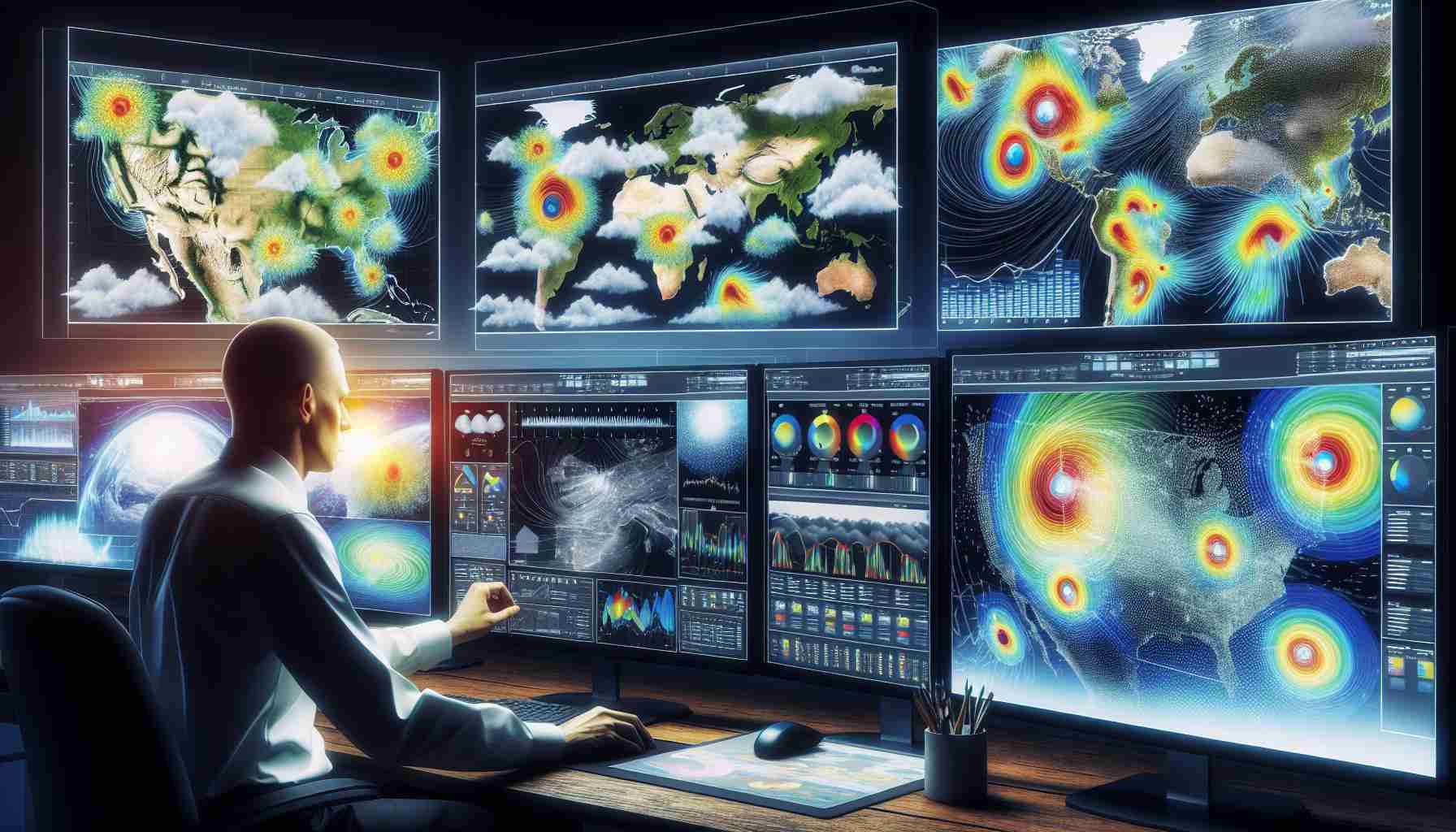 Generate a high-definition, realistic image representing the evolution of weather map design, showcasing advances in data visualization techniques. The image could depict a progression from traditional 2D weather maps on the left to sophisticated 3D models on the right, with enhanced features like cloud formations, temperature gradients, wind patterns and precipitation forecasts. The central focus could be an operator, a Caucasian male, interacting with these evolving technologies, using advanced software on multiple computer screens.