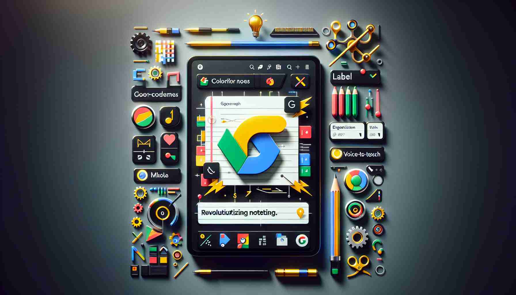 A high-definition, realistic representation of the new features of Google Keep revolutionizing digital notetaking. The image should depict a modern electronic device showcasing the Google Keep app interface, emphasizing its new features like color-coded notes, label organization, voice-to-text functionality, and drawing tools. Incorporate visual elements that convey revolution and innovation, such as lightning bolts or gears.