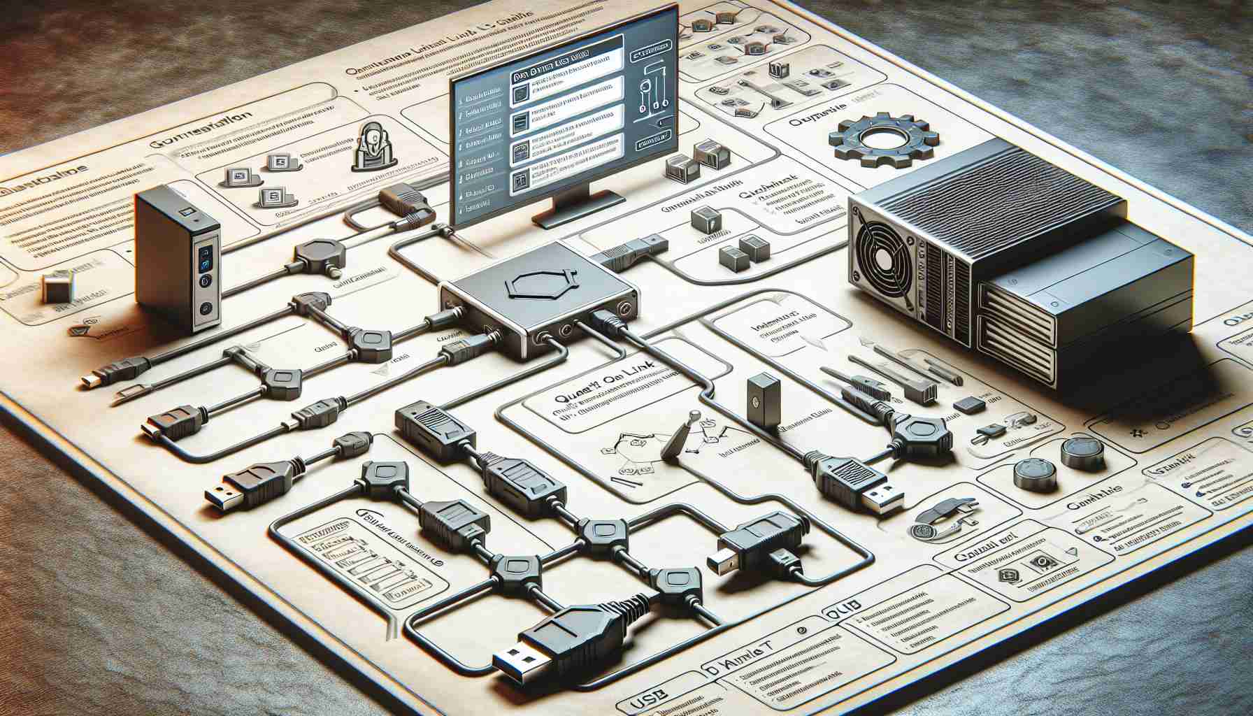 A high-definition, realistic image illustrating a simplified guide to managing Quest Link Connections and USB File Transfers. Present a step-by-step flowchart or infographic with clear instructions. It includes various components like a Quest Link Cable, USB connector, computer terminal, and relevant software interfaces. The guide should demystify the technical process, making it accessible and understandable for beginners.