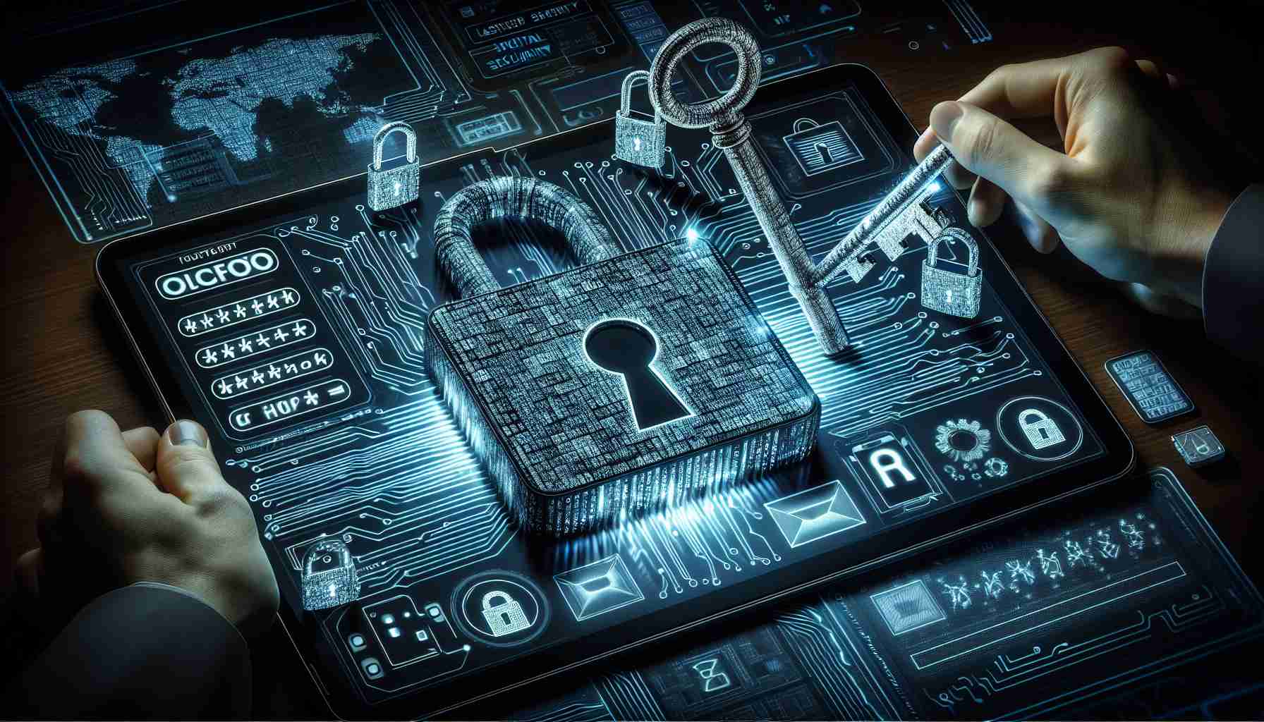 Generate a high definition, realistic style image of the concept of enhancing digital security through the use of password managers. The image could include elements like a digital lock being unlocked by a key formed from a complex series of alphabets, special characters and numbers, indicative of a strong password. Depict the scene on a digital device screen to put forward the context of digital security. Do not include any brandings, logos, or specific proprietary software.