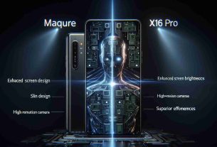 Render an image detailing the comparison between a futuristic smartphone model labeled as marquee device 'X16 Pro' and an older model labeled as 'X14 Pro'. Illuminate the advancements in technology between the two, showcasing slim design, enhanced screen brightness, high-resolution cameras, and superior performance efficiencies.