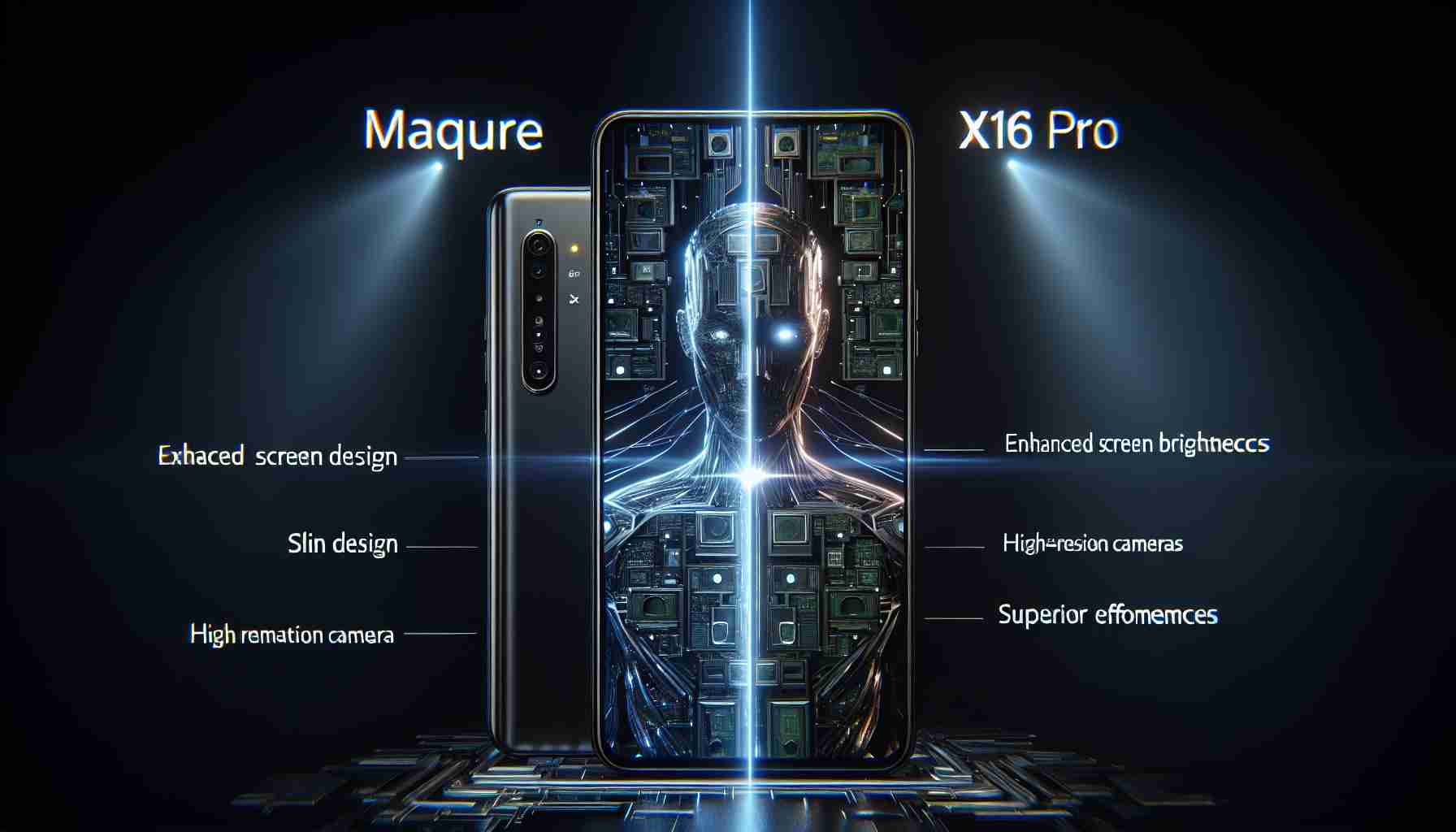 Render an image detailing the comparison between a futuristic smartphone model labeled as marquee device 'X16 Pro' and an older model labeled as 'X14 Pro'. Illuminate the advancements in technology between the two, showcasing slim design, enhanced screen brightness, high-resolution cameras, and superior performance efficiencies.