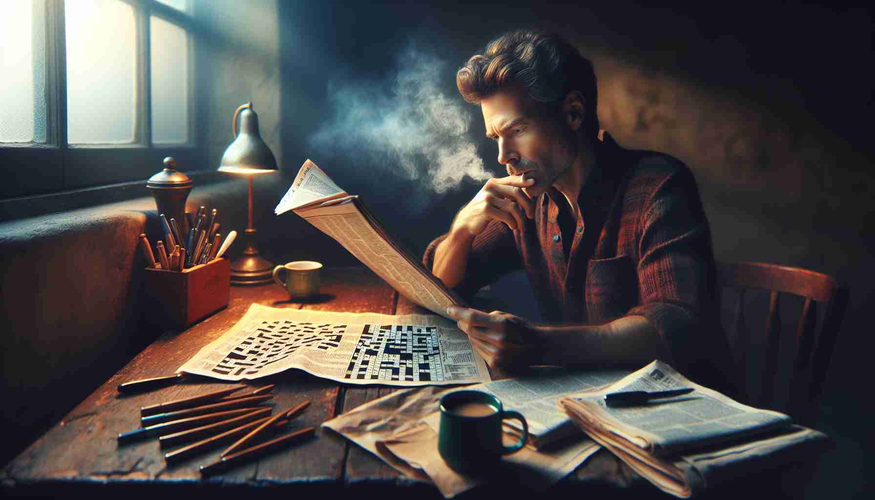 Generate a highly detailed, realistic image of a tranquil moment in a cozy room. The primary focus should be an adult Caucasian male with a thoughtful expression, engrossed in solving a crossword puzzle. He's seated at an antique wooden desk, scattered with an assortment of pens and mugs of steaming coffee. Soft evening light filters through a nearby window, illuminating the crisp newspaper crossword in front of him and creating a warm, inviting atmosphere. This scene represents the joy and peace that comes with indulging in a hobby like solving crossword puzzles.