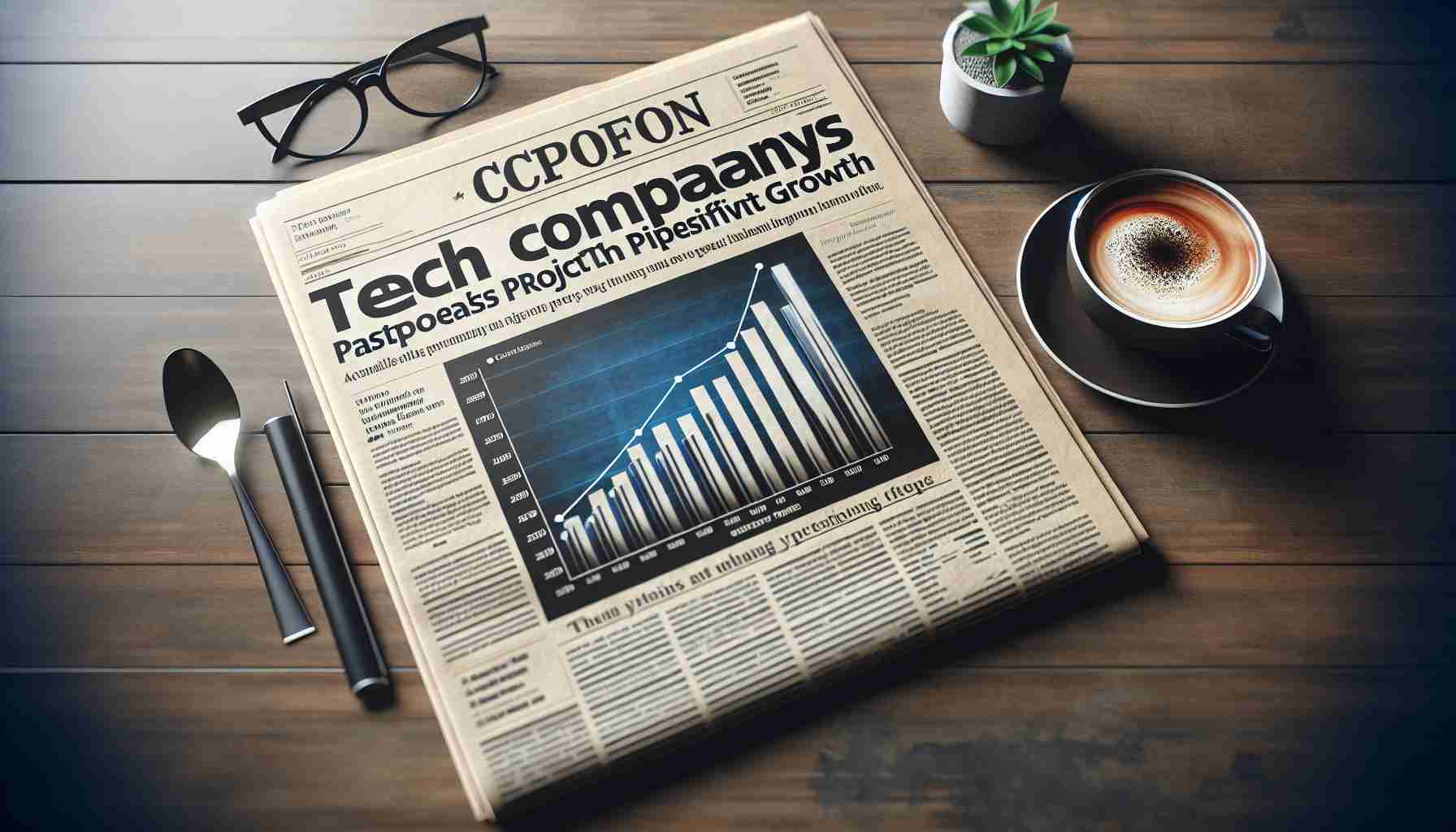 High-definition, realistic image of a newspaper headline that reads 'Tech Company Surpasses Projections with Impressive Growth', with the accompanying article text blurred out. Include a chart showing a steady upward trend in profits, symbolizing the company's business success. The newspaper is on a wooden surface, placed next to a cup of steaming coffee and a pair of spectacles.