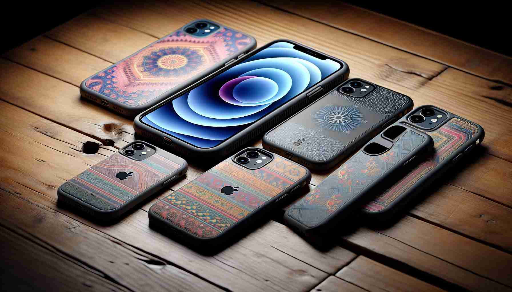 Generate a highly detailed and realistic image showcasing five unique cases designed for the iPhone 14, each with their own distinct design and color schemes. They should all be visibly designed for style and protection, featuring elements such as robust corners, sleek lines, and trendy patterns. The cases are strewn across a wooden table in good lighting, so their details can be fully appreciated.