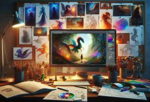 A realistic, high-definition image portraying the exciting process of creating a new animated adventure. The scene captures a digital art workspace, with brilliant, colorful sketches of fantastical creatures and enchanted landscapes on screen. Notes, character designs, and storyboards fill the nearby walls. Software tools are visible, portraying the transition of raw ideas into animated sequences. Additionally, some objects associated with creativity, like sketch pens, color palettes, a cup of coffee, and a notepad for brainstorming ideas, adorn the desk. The ambiance is filled with creativity, energy, and the anticipation of an adventurous story about to come alive.