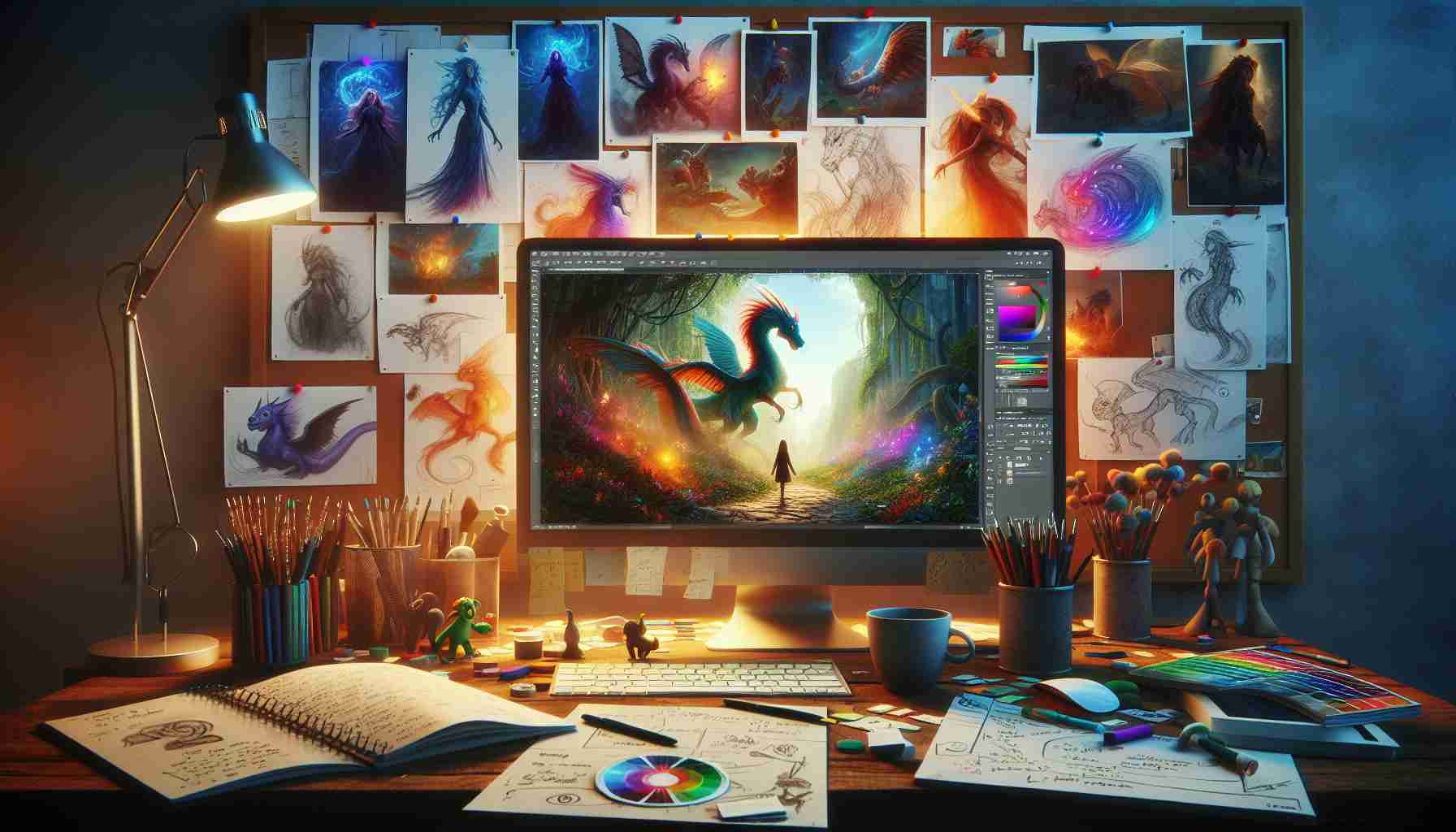 A realistic, high-definition image portraying the exciting process of creating a new animated adventure. The scene captures a digital art workspace, with brilliant, colorful sketches of fantastical creatures and enchanted landscapes on screen. Notes, character designs, and storyboards fill the nearby walls. Software tools are visible, portraying the transition of raw ideas into animated sequences. Additionally, some objects associated with creativity, like sketch pens, color palettes, a cup of coffee, and a notepad for brainstorming ideas, adorn the desk. The ambiance is filled with creativity, energy, and the anticipation of an adventurous story about to come alive.