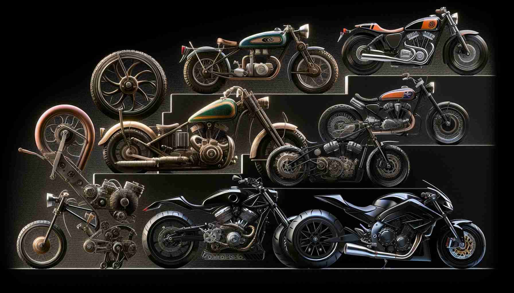 Generate a high-definition, realistic image showcasing the evolution of modern urban motorcycles. Beginning with the earliest models characterized by their simplicity and ruggedness and moving step-wise through the gradual technological enhancements, modifications and styles. Include the eclectic designs of the mid-20th century, advancements in aerodynamics, introduction of new materials and ergonomic considerations, all the way to the sleek, streamlined designs of the present day.