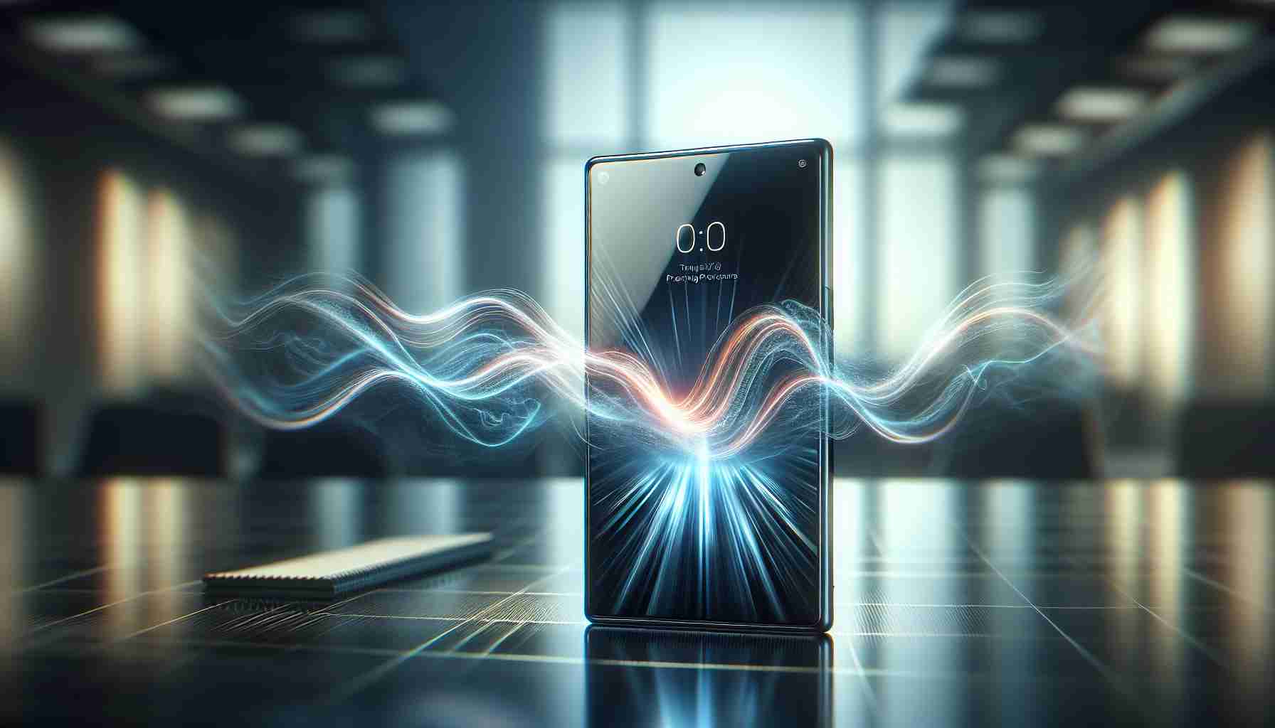 A high-definition, realistic image showcasing the revolutionary advancements in mobile processing power. This could feature a state-of-the-art smartphone with an ultra-slim body and a glossy touch screen, portraying abstract waves of energy emanating from it to symbolize its immense processing power. The setting can be a modern, sleekly designed office space with a glass top table where the smartphone is placed. Let the background blur gently into soft, muted tones to concentrate viewer's attention on the smartphone and the energy waves demonstrating its power.