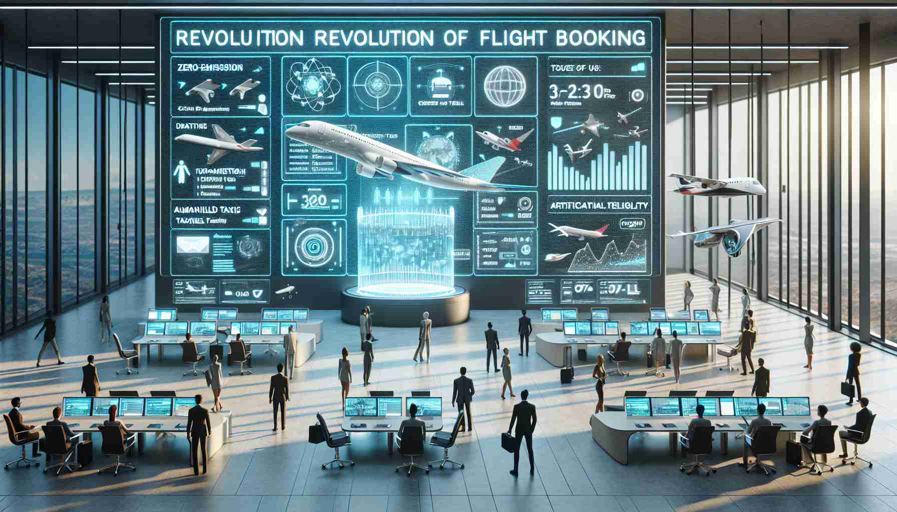 Create a HD detailed image representing the revolution of flight booking. The visual should display a futuristic interactive dashboard, populated with unique travel options such as zero-emission planes, unmanned aerial taxis, and virtual reality tours. Also, capture the ease of use, with touch-friendly interfaces and artificial intelligence assisted booking processes. Ensure to add diverse group of people of varying descents and genders using the system, expressing their excitement and satisfaction. The setting could be a modern, digitally-transformed travel agency or an individual's home office setup.