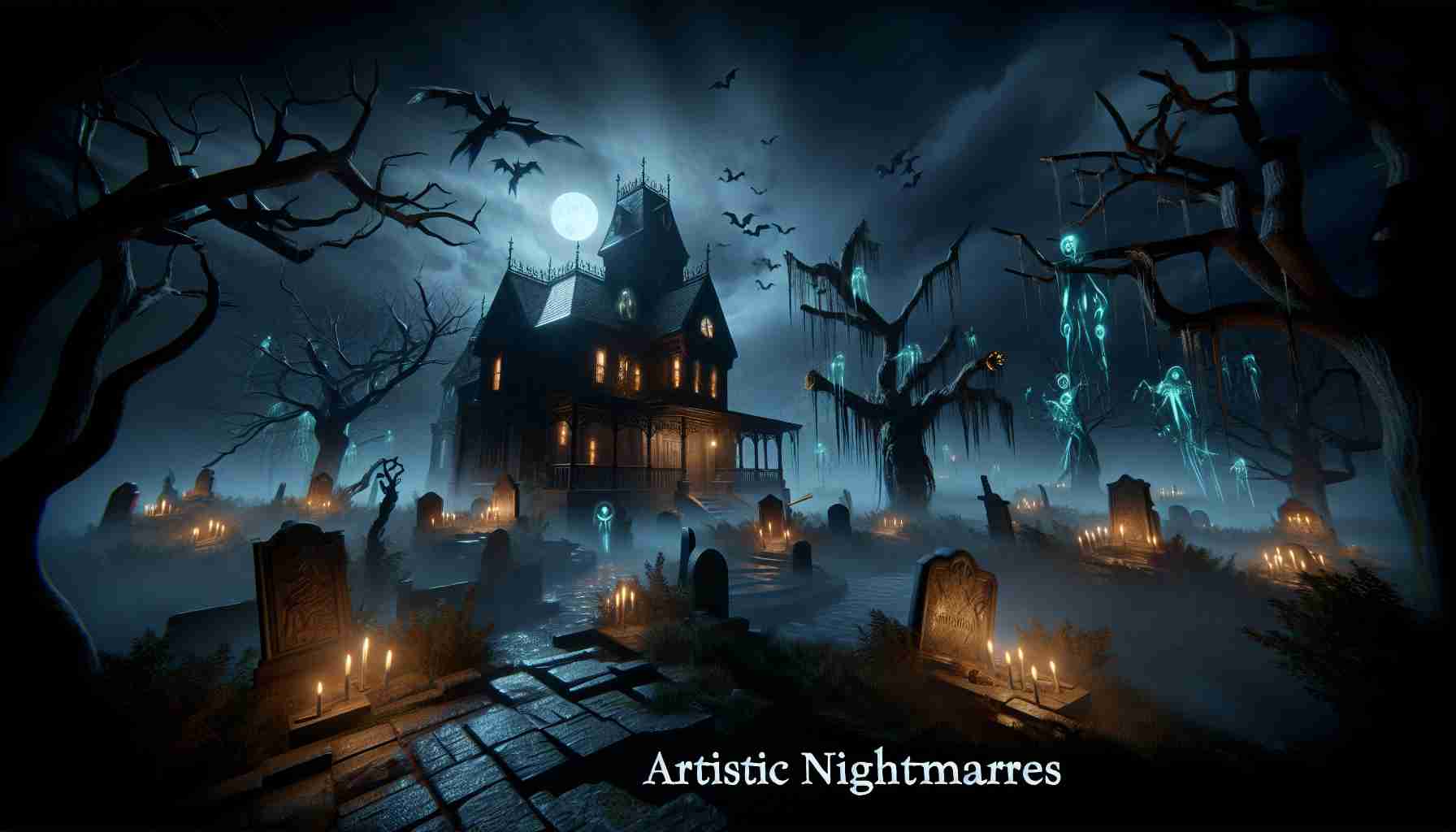 High-definition, photorealistic image showcasing a new virtual horror experience. The scene illustrates the concept: 'Artistic Nightmares'. It is night-time with eerie lighting, and it depicts various spooky elements like a haunted house, creepy trees, and mysterious shadows. The viewer should get the feeling like they are immersed in a virtual reality horror game with atmospheric, spine-chilling elements around them.