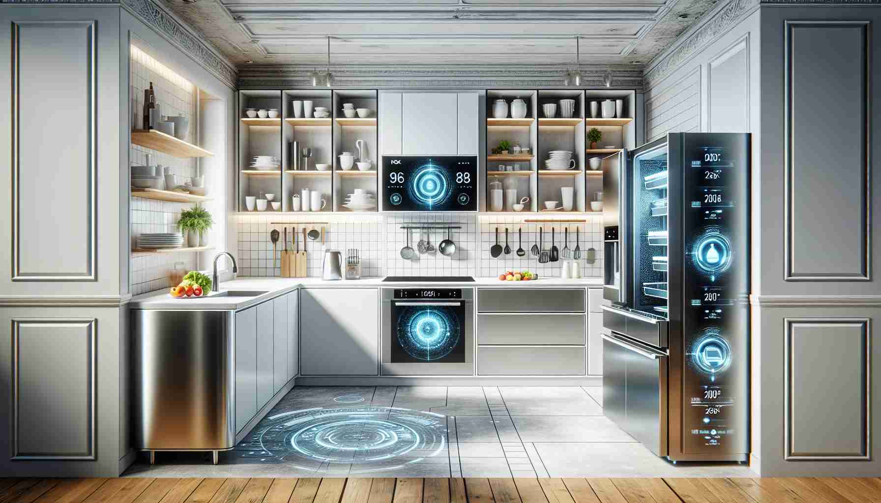 Create a photo-realistic image in HD of a modern kitchen being revolutionized with innovative appliances. At the heart of this kitchen transformation is an array of futuristic appliances, including an intelligent oven that can cook to perfection based on food type and desired doneness, a refrigerator with built-in sensors to monitor freshness of products and a revolutionary smart dishwasher that can adapt wash cycles to the load's size and level of dirtiness. Add hints of minimalistic design elements throughout the space to give it a sleek, contemporary look. The color palette is dominated by stainless steel, white, and bright accents to emphasize cleanliness and sophistication.