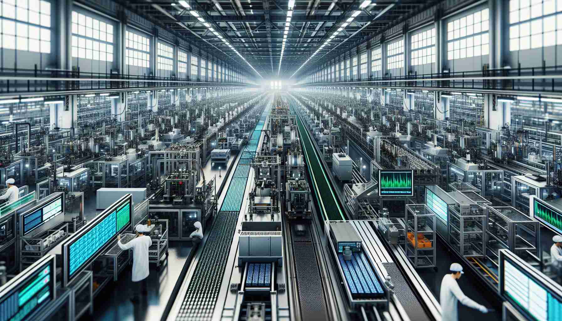 Create a high-definition, realistic image depicting a bustling chip manufacturing facility with increased activity as a result of the active demand for Artificial Intelligence processors. The factory should showcase rows of advanced machines and high-tech equipment with workers busy tending to the manufacturing process. The image should capture the hastily moving robotic arms, conveyor belts filled with tiny shiny chips, large display monitors showing complex diagrams and charts, and the general atmosphere of busyness and dedication of a technology-driven workspace.