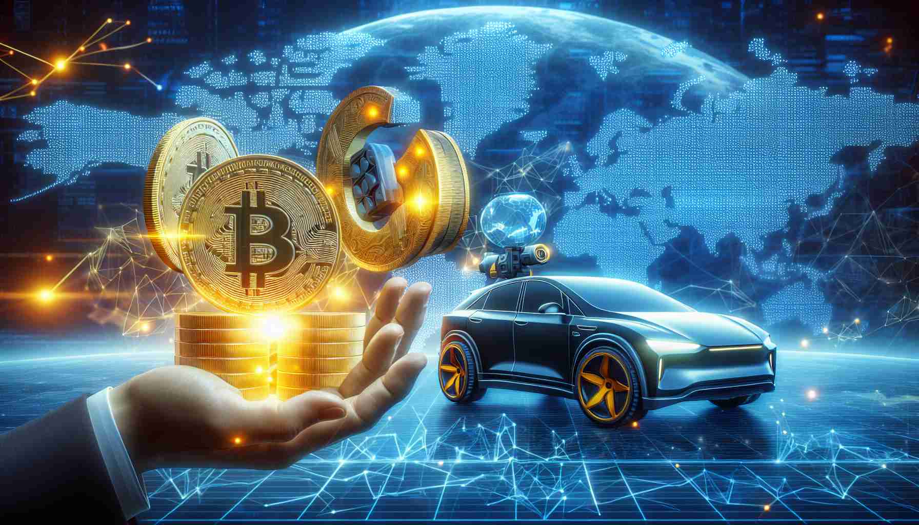 Generate a realistic HD image representing a well-known electric car manufacturer making a groundbreaking decision involving a digital cryptocurrency illustrated as physical golden coins, against a global backdrop symbolizing expanding markets.