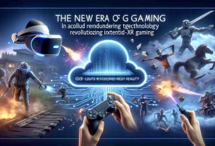 An image showcasing the new era of gaming, specifically, Extended Reality (XR). This should be highly realistic and clear, indicating that it's in high definition. The key focus is on cloud rendering technology revolutionizing XR gaming. Ideal to include an immersive VR headset, hand controllers, and a visualization of cloud with data streaming. Also, illustrate a complex game scene being rendered in real-time, showcasing the game's graphics, characters and surroundings. It should highlight the power and potential of cloud-powered gaming in XR environment.