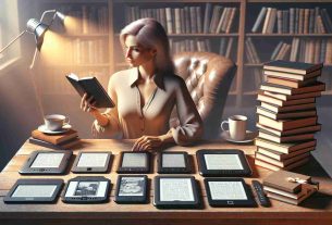 Generate a high-definition, realistic image that portrays a selection process for choosing the ideal e-reader for enhancing one's reading pleasure. The scene should include several e-readers of different brands placed on a table. There should also be a Caucasian woman analytically examining the devices. To the side, there should be a stack of books for comparison. The setting is a cozy room lit by a warm light, with a comfortable chair and a cup of tea nearby, enhancing the sense of leisure and comfort associated with reading.