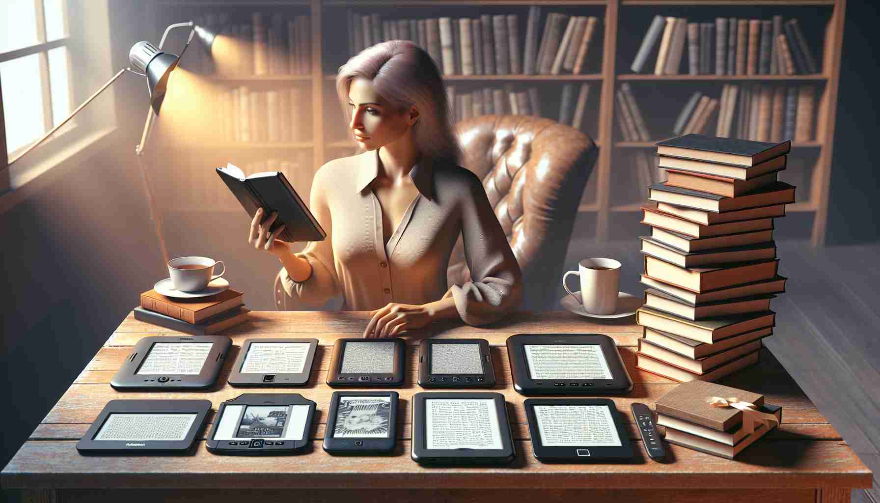 Generate a high-definition, realistic image that portrays a selection process for choosing the ideal e-reader for enhancing one's reading pleasure. The scene should include several e-readers of different brands placed on a table. There should also be a Caucasian woman analytically examining the devices. To the side, there should be a stack of books for comparison. The setting is a cozy room lit by a warm light, with a comfortable chair and a cup of tea nearby, enhancing the sense of leisure and comfort associated with reading.